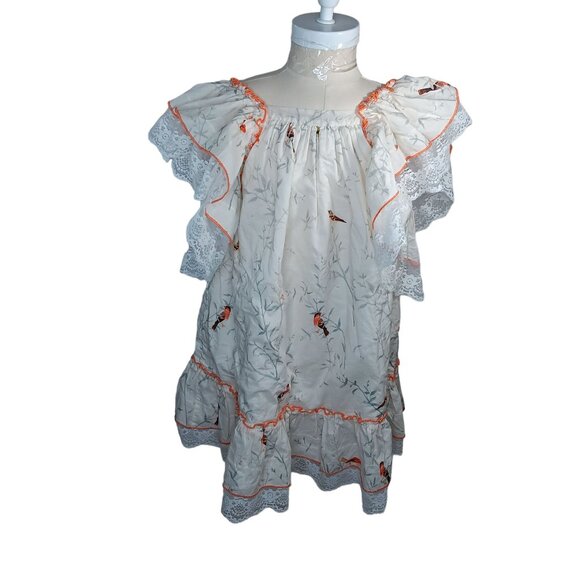 Fox & Heron Dress Bird Print Lace Trim Bow Girls 6 A Line Short Sleeves Comfort - Picture 12 of 14